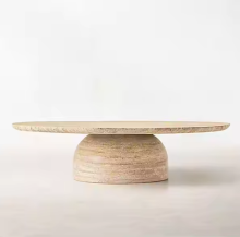 Modern Round Indoor Coffee Table with Natural Travertine Panel and Sleek Metal Center