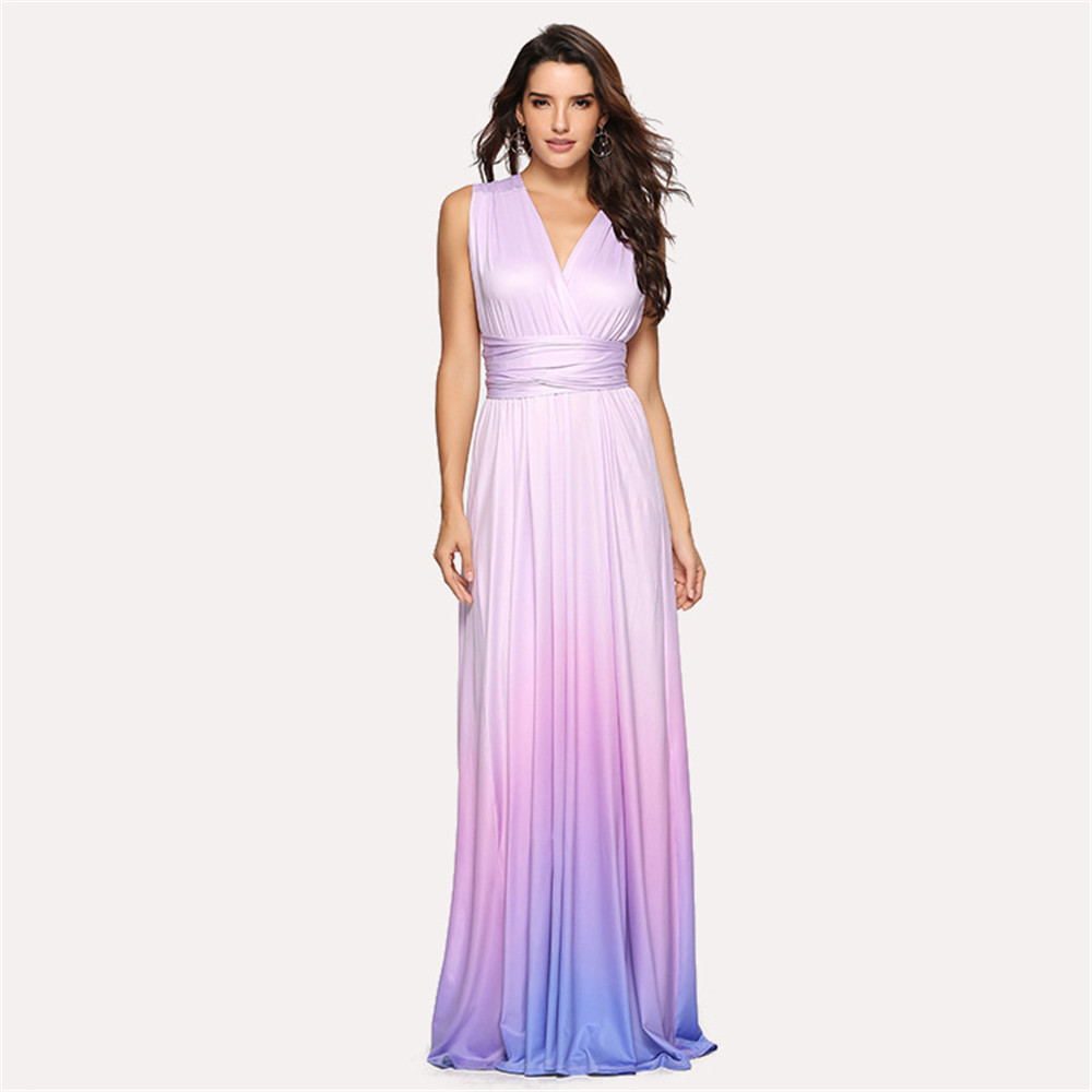 Hot sale sexy backless gradient color long gown dress for ladies elegant V-neck vestido de noche evening dress