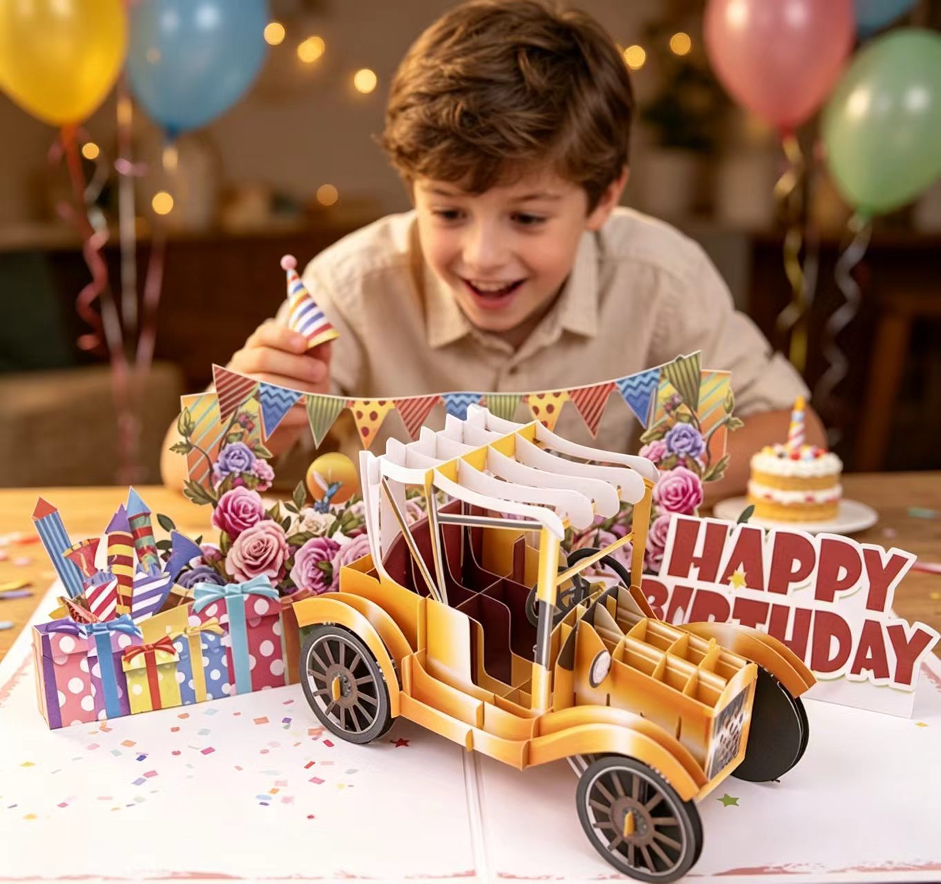 Wyskakująca kartka z życzeniami z okazji urodzin samochodu Happy birthday car pop up greeting card