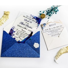 Custom Transparent Acrylic Birthday & Wedding Invitations with Blue Glitter Envelope