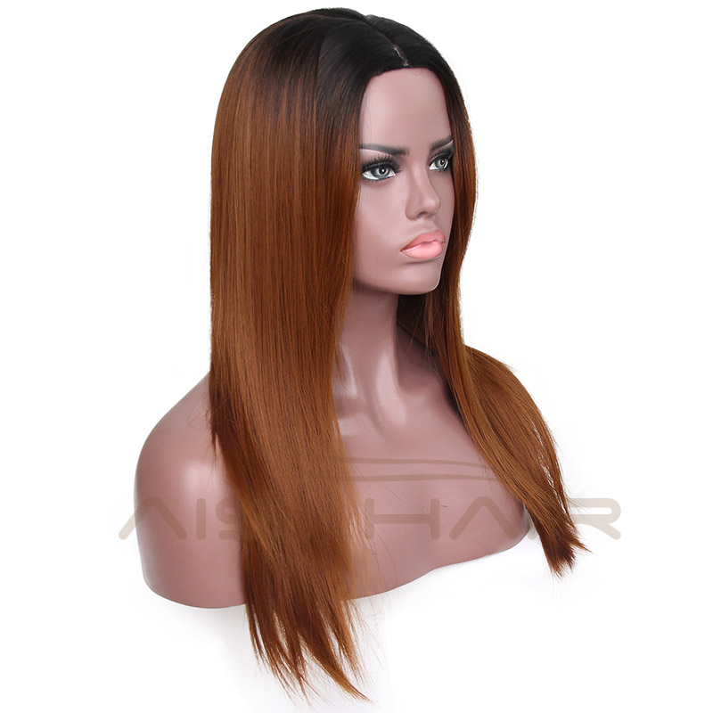 Aisi Hair Top Selling Long Silky Straight Wave Wigs For Black Women Ombre Brown Color Synthetic Fiber Wigs