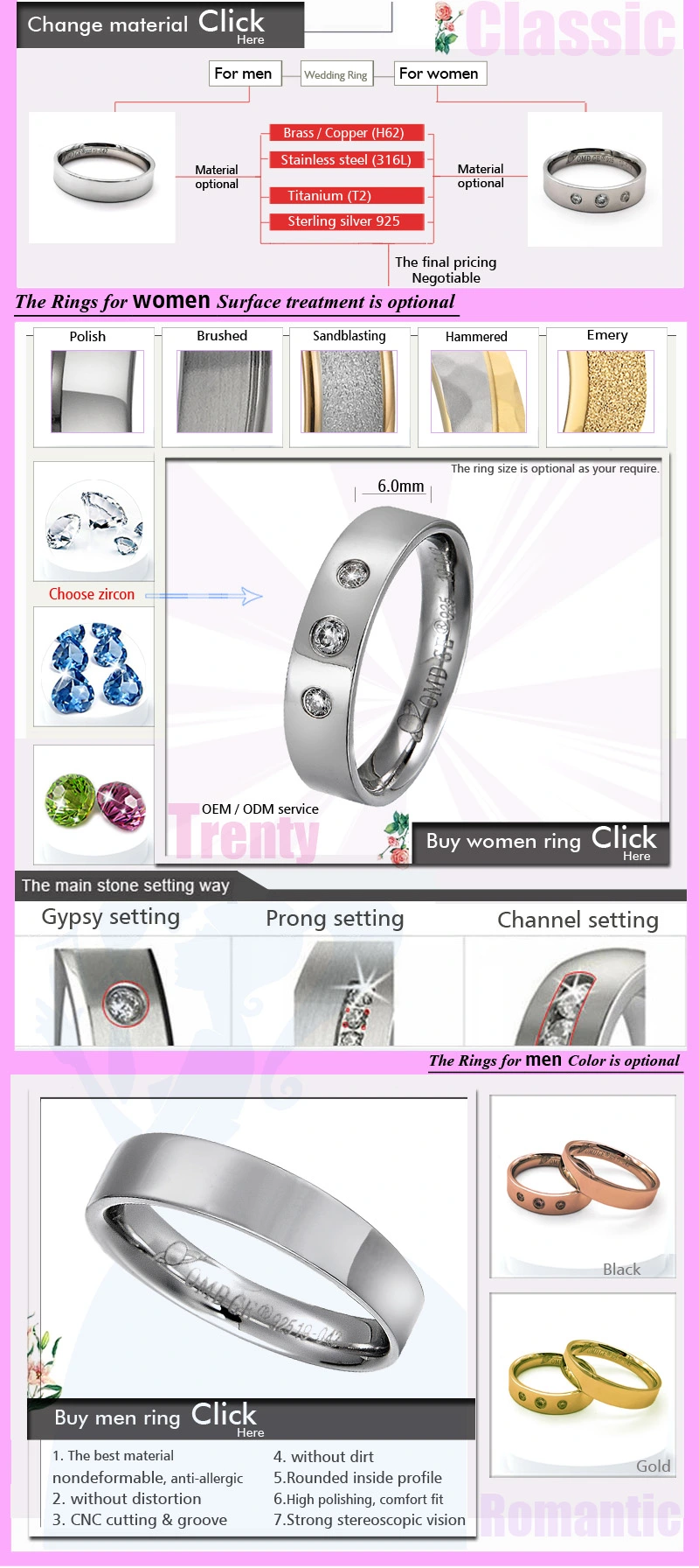 Wholesale Fashion New Design Diamond Titanium Wedding Band Ring for Men and Women with AAA+ Cubic Zircon