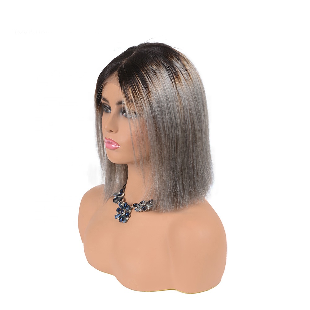 Huashuo Highest Discounts Competitive Price High quality 1B Grey Middle Part Short Brazilian Human Hair Bob Lace Front Wig