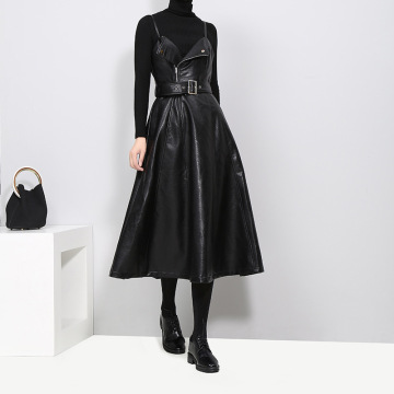 Women's fashion slim black leather skirt strap faux leather skirt