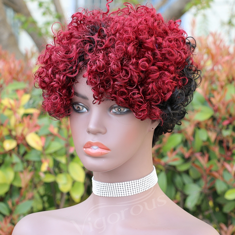 Vigorous Top Quality Ombre Black Roots To Red Afro Kinky Curly Wigs for Black Women Short Side Part Human Hair Wholesale Price
