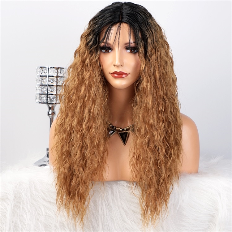 Vigorous Synthetic Long Curly Wavy Wig Ombre Middle Part Water Wave Wig Black Root to Blonde Wig for Women