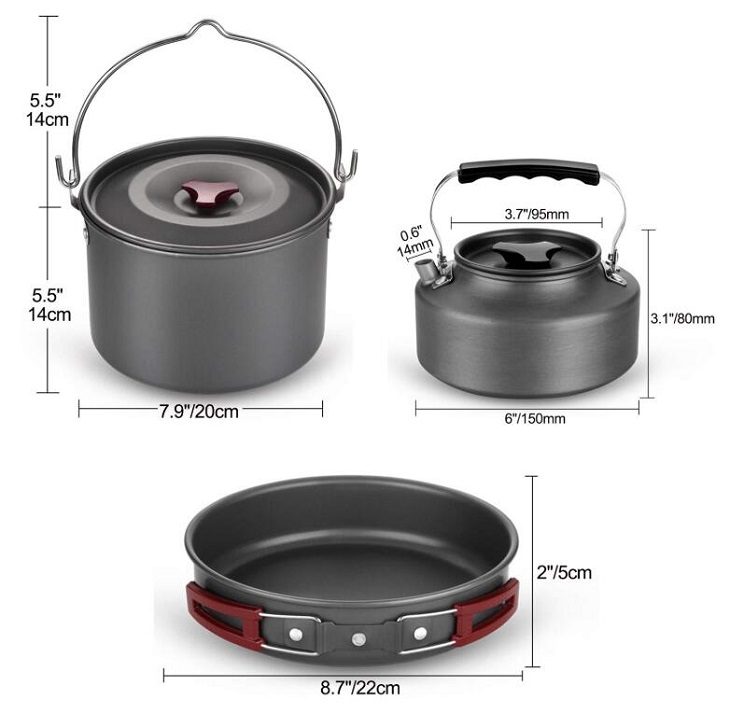 22pcs Camping Cookware Mess Kit, Outdoor Cookware Set Large Size Hanging Pot Pan Kettle with Base Cook Set for 4