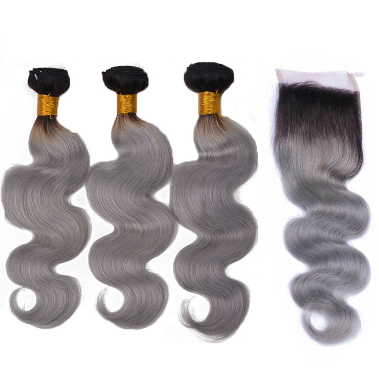 10A Grade Raw Indian Hair Ombre 1b/grey Color Remy Human Hair Bundles With Closure