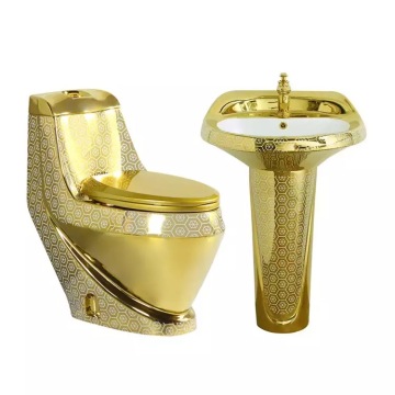 Luxury Gold One-Piece Toilet Suite with Pedestal Basin