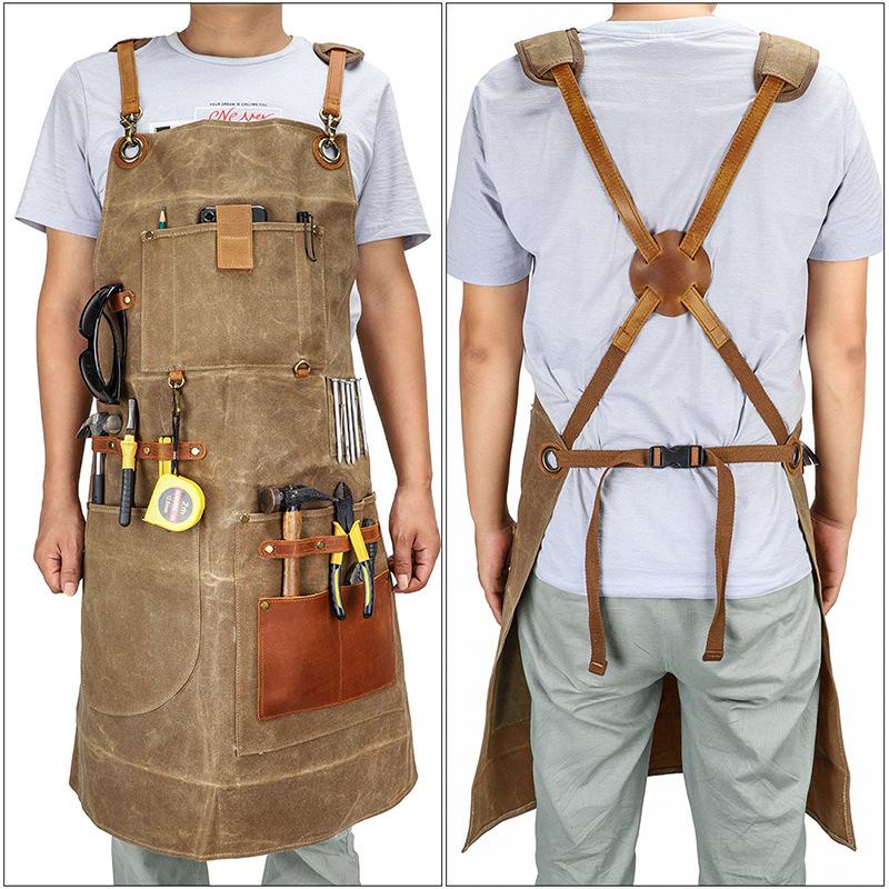 Adjustable Straps Cross Back Worker Tool Brown Aprons