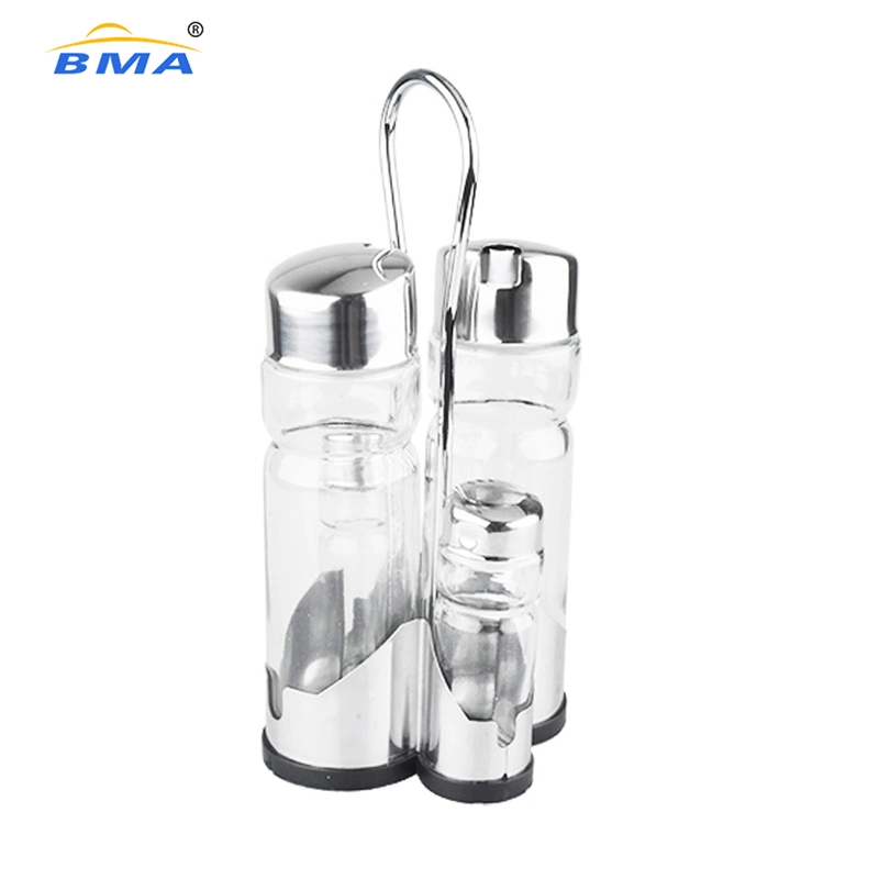 Kitchen Stainless Steel Stand Glass Cruet Condiment Set Salt Pepper Shaker Oil and Vinegar Dispenser