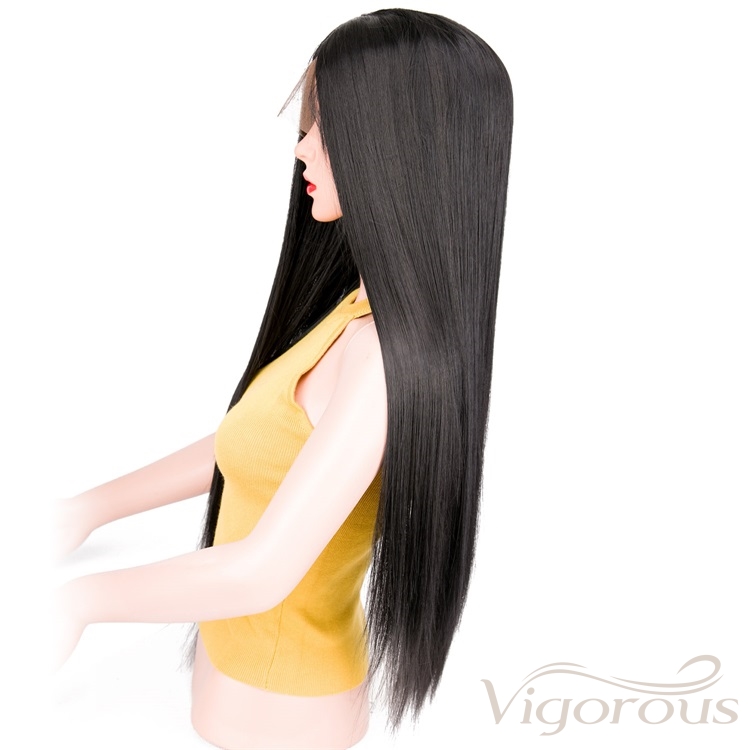 Vigorous Good Quality Silky Long Straight Heat Resistant Lace Front For Women Middle Part Black Synthetic Wig