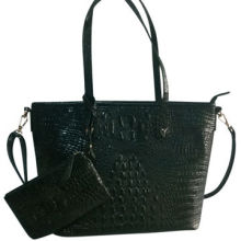 PU handbag with pouch, croco pattern, black color