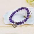 Natural Amethyst Chakra Gemstone 8mm Putaran Beads Mantra Gelang dengan Hati Alloy