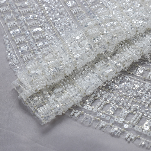 tissu de dentelle de maille de tissu de broderie perlé de paillettes blanches