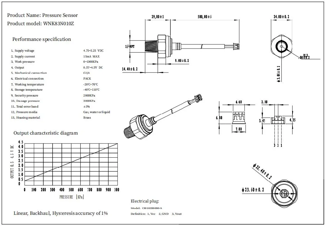 0.5-4.5VDC Brass Pressure Transducer Air Water Oil Pressure Sensor For Arduino