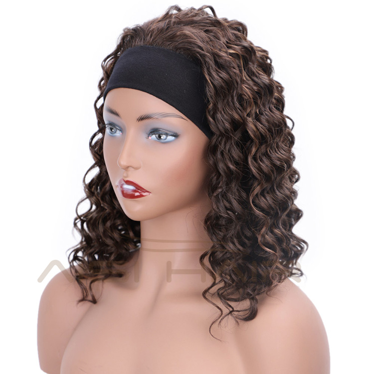 Aisi Hair Afro Curly High Temperature Fiber Synthetic Wigs with Headband Mixed Brown Color Short Curly Wigs for Black Women