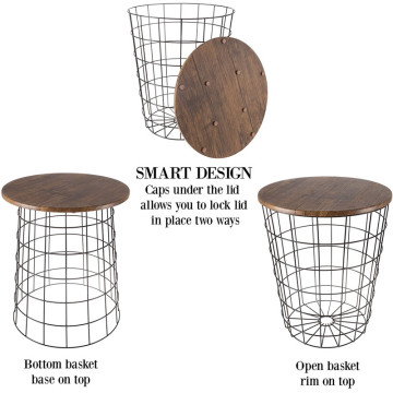 Round Metal Basket Wooden Coffee Table With Storage