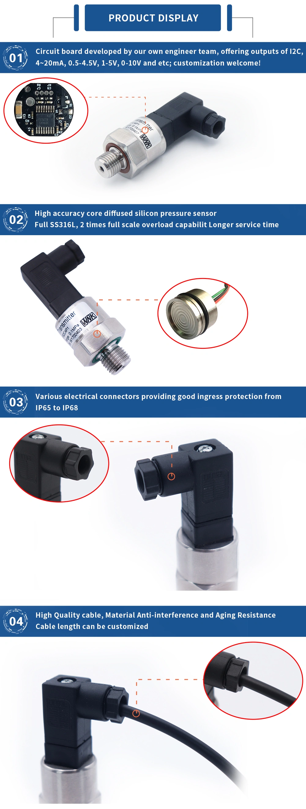 4~20mA/0.5-4.5V/0-5V Anti-Vibration Pump Pressure Sensor with Packard or Gx12-3