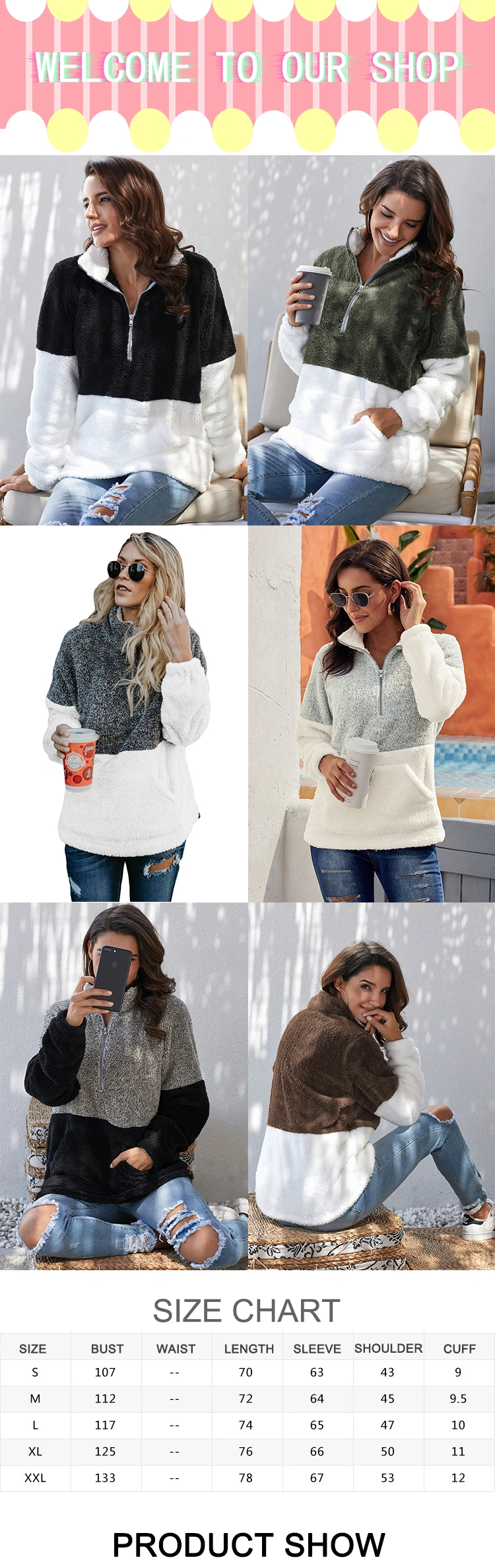 Winter New Womens Fashion Thick Half Zip up Fleece Jacket Pullover 100% Polyester Sherpa Fleece Jacket