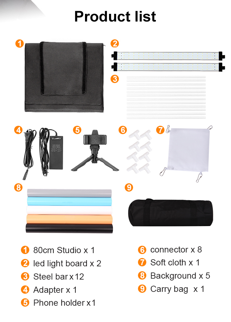 Kit tenda da ripresa fotografica portatile pieghevole da 32 x 32 pollici con scatola luminosa per foto con borsa per il trasporto di luce a LED dimmerabile e mobile