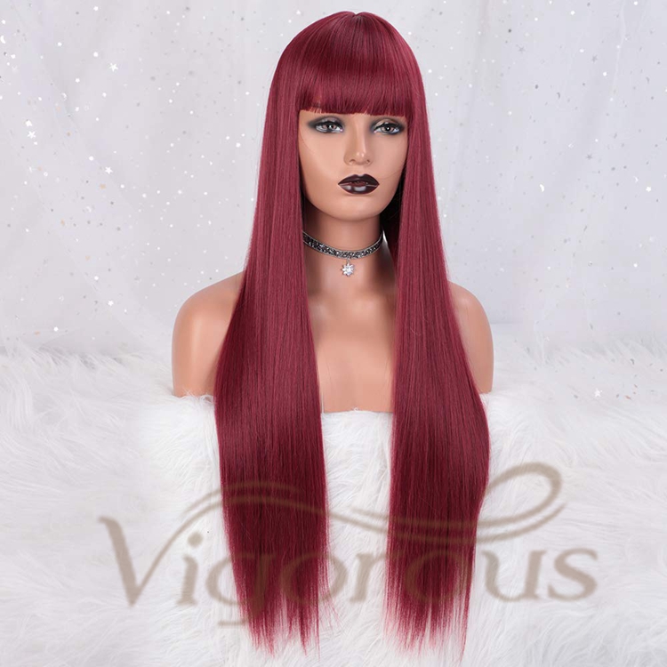 Vigorous High Quality Supplier Long Burgundy Silky Straight Wave With Neat Bangs Cosplay For Black Women Synthetic Hair Wigs