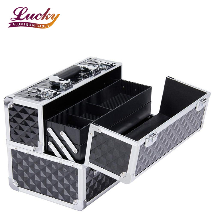 Black Carrying Makeup case aluminum Cosmetic case with trays