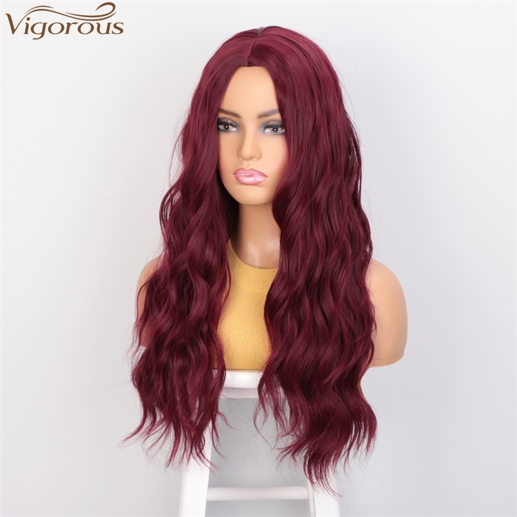 Vigorous High Temperature Long Wavy Wig Middle Part Synthetic Red Wigs For Black Women Cosplay Party Wigs Wholesale Price