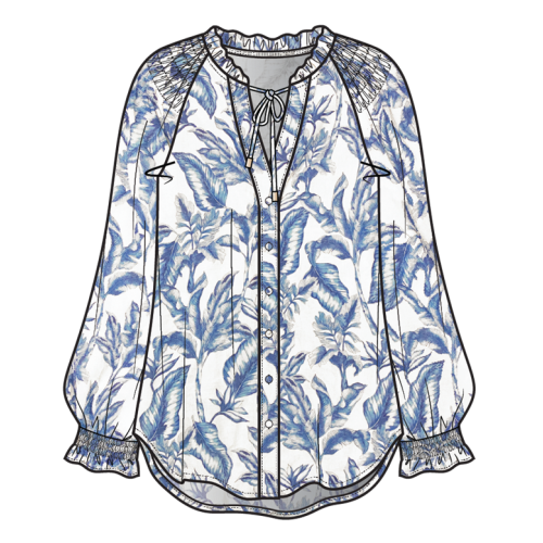 COTTON LADIES SHIRRED RAGLAN PRINT SHIRT