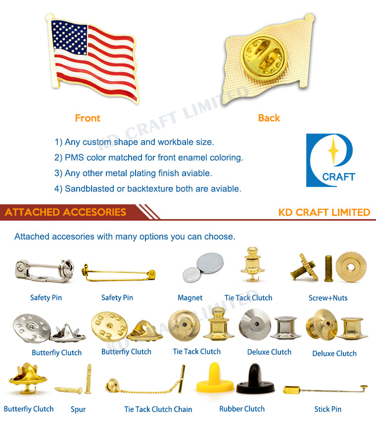 Free sample custom made metal soft hard enamel gold silver plated american usa flag lapel pin with different size