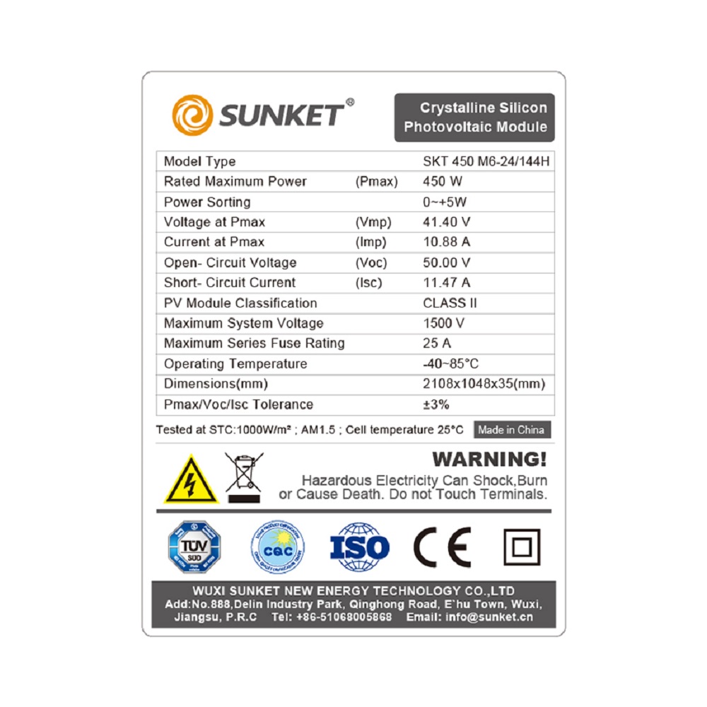 Módulo fotovoltaico solar Sunket 450W 9BB 144cells