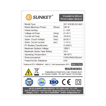 Módulo solar fotovoltaico Sunket 450W 9BB 144cells