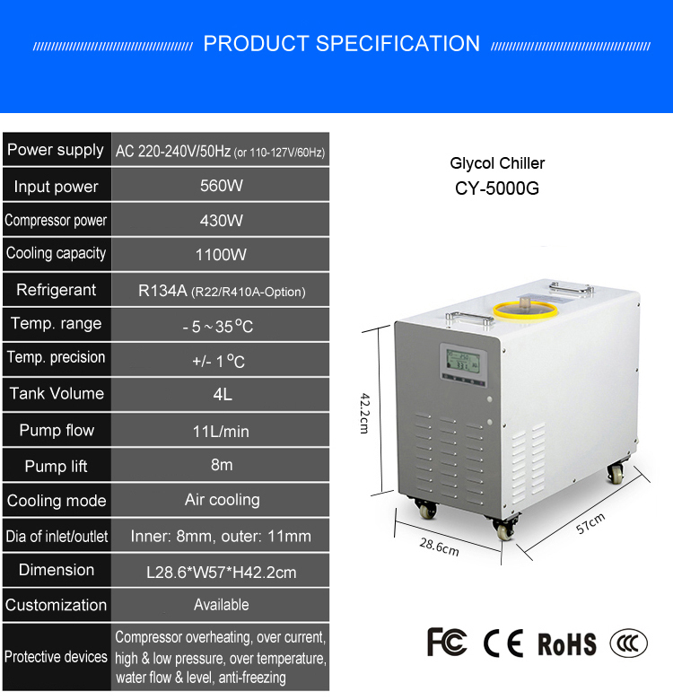 CY5000G 1/3 HP 1100W small glycol chiller brewery fermenter wort glycol chiller