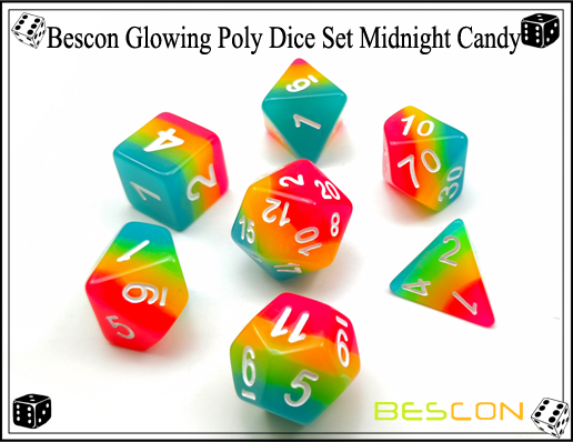 Ensemble de dés poly Gluant Bescon Midnight Candy-4 Bescon Glowing Poly Dice Set Midnight Candy-4