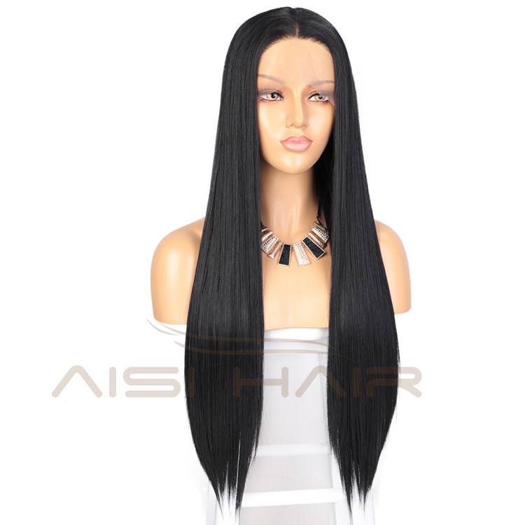 Aisi Hair Wholesale Long Silky Straight Black Wig Middle Part Swiss Lace Wig Synthetic Hair Front Lace Wigs For Black Women