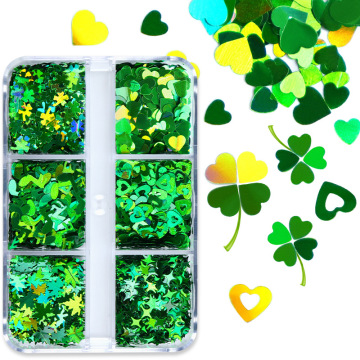 3D Holographic Green Leaf Love Heart Nail Sequins