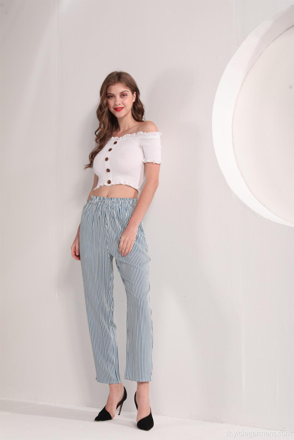 Pantalon femme rayé bleu et blanc