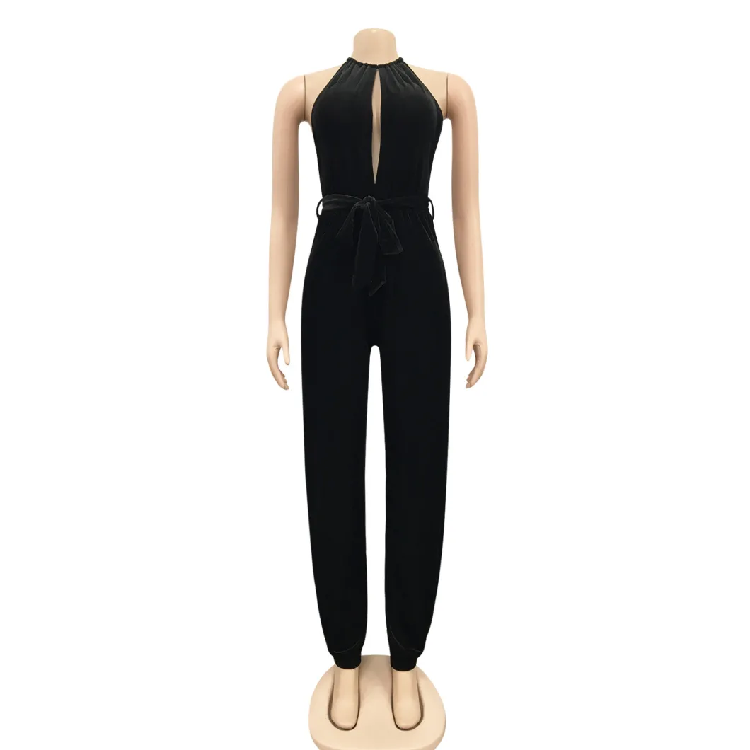 2021 Trending Stylish Cotton Blend Clubwear Sexy Hollow out High Split Haltered Jumpsuit