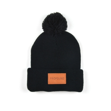 Wholesale black leather label knitting winter beanie hat