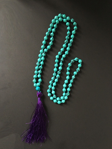 Turquoise Necklace Hand Knotted Skull Long Tassel Necklace