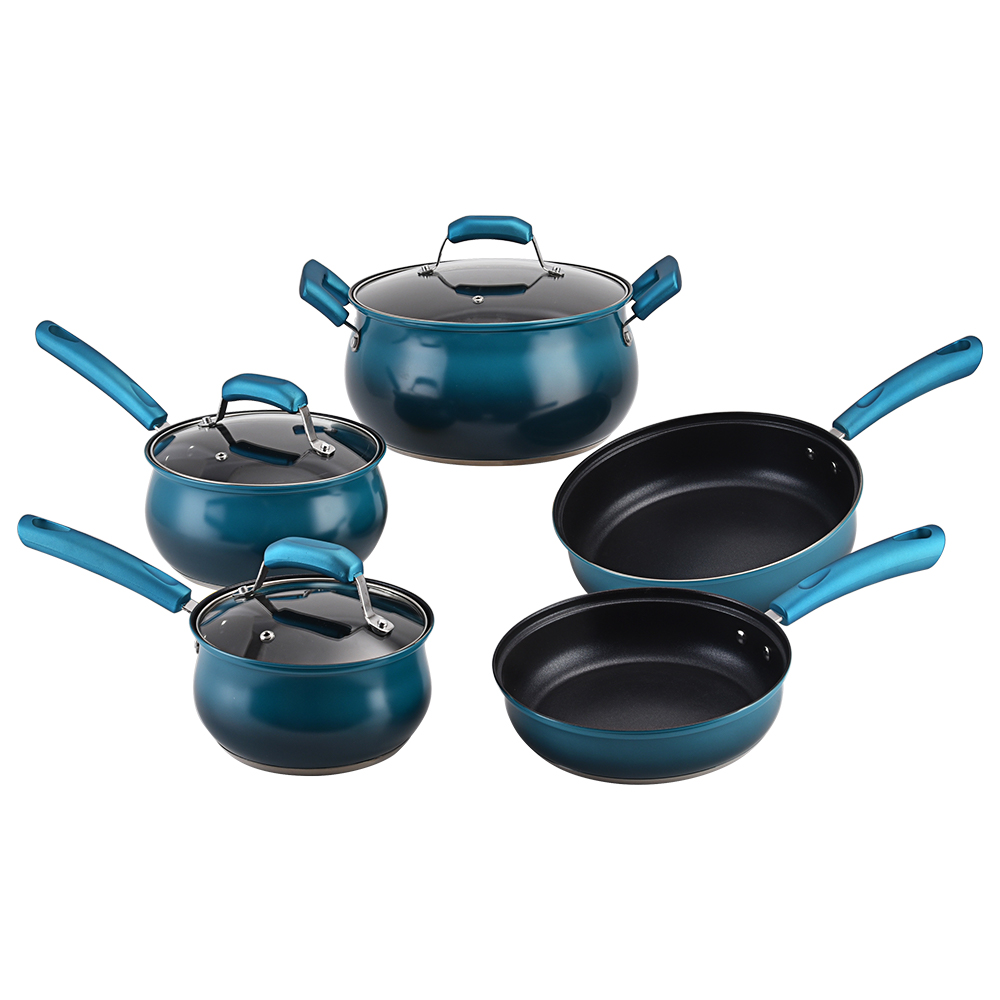 Blauwe kleurenpotten en pannen niet-stick koken potten