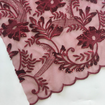 Burgundy Sequin Embroidery Fabric For Garment