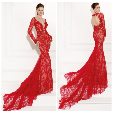 sexy lace backless mermaid long sleeve red evening dress