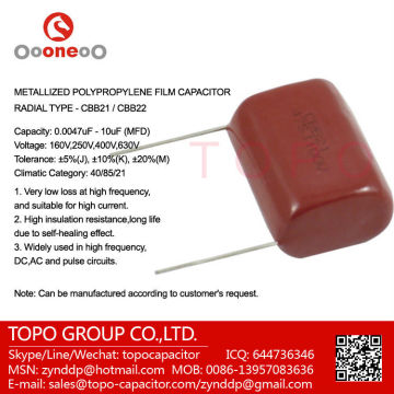 CBB22 Through Hole Polypropylene Film Capacitors 1uF 400V