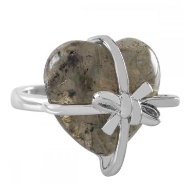 Gemstone Crystal Heart Ring Natural Stone Heart Bowknot Wedding Ring for Women Silver Plated Copper Adjustable Rings
