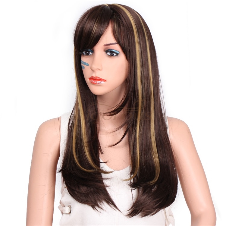Vigorous Long Silky Straight Dark Brown Highlight Heat Resistant Smooth Synthetic Wig with Inclined Bangs for Women
