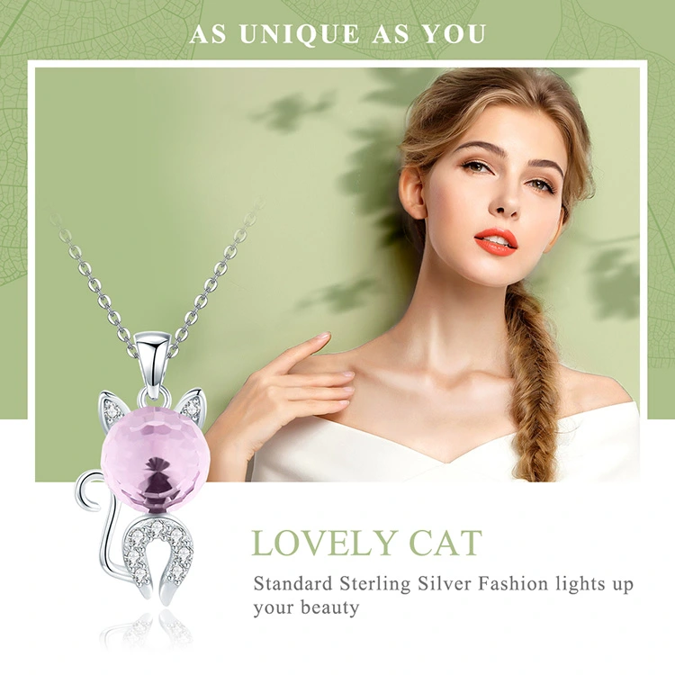 Lovely Cat Pink Crystal CZ Sterling 925 Sterling Silver Pendant