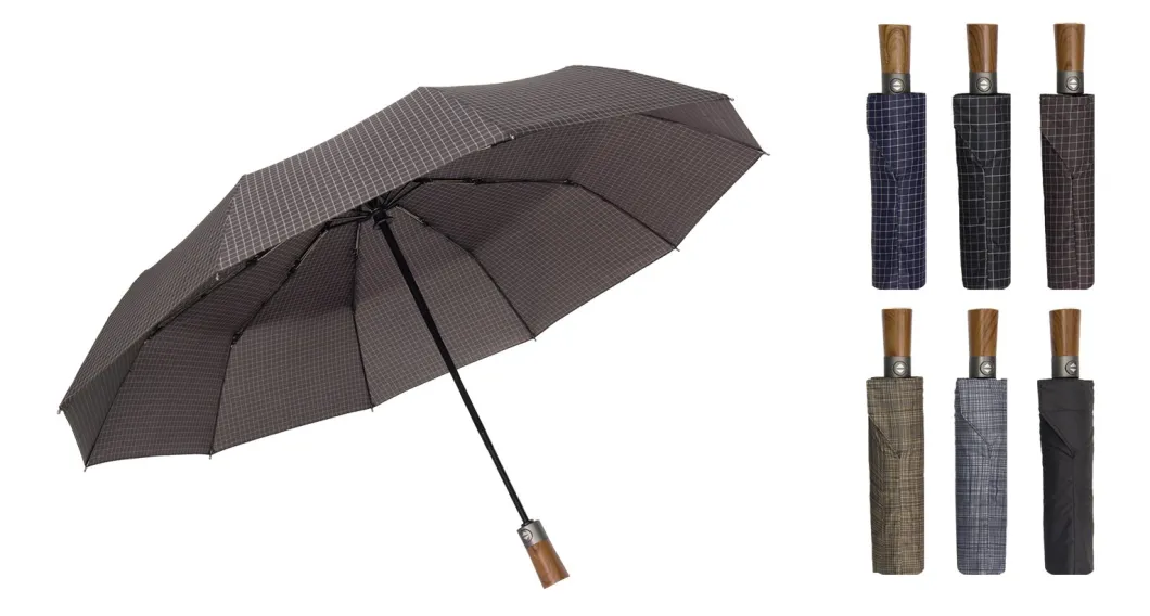 Folding Auto Open & Close with Wooden Handle Rain Umbrella