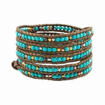 Turquoise Wrap Bracelet with Mix Nuggets, Kansa Leather