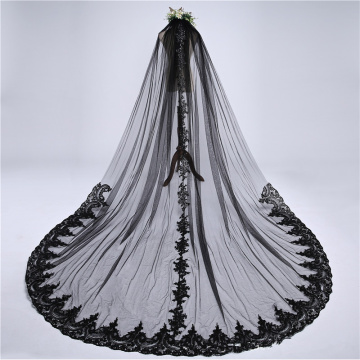 Luxury Black Sequin Lace One-layer Long Wedding Veil
